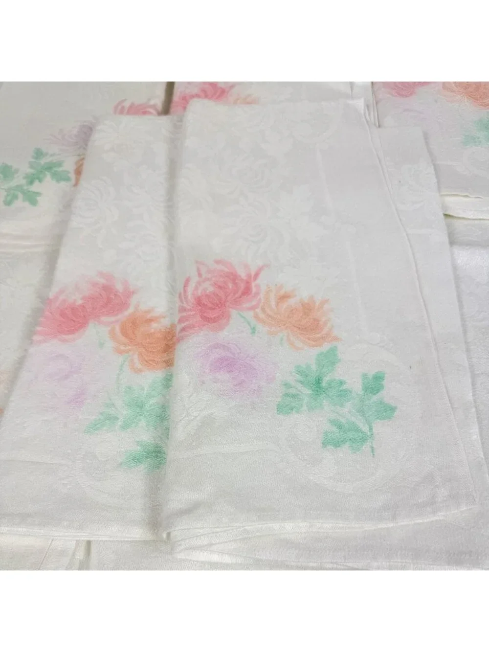 Vintage White Damask Rayon Napkins Pastel Floral Chrysanthemum Set Of 8